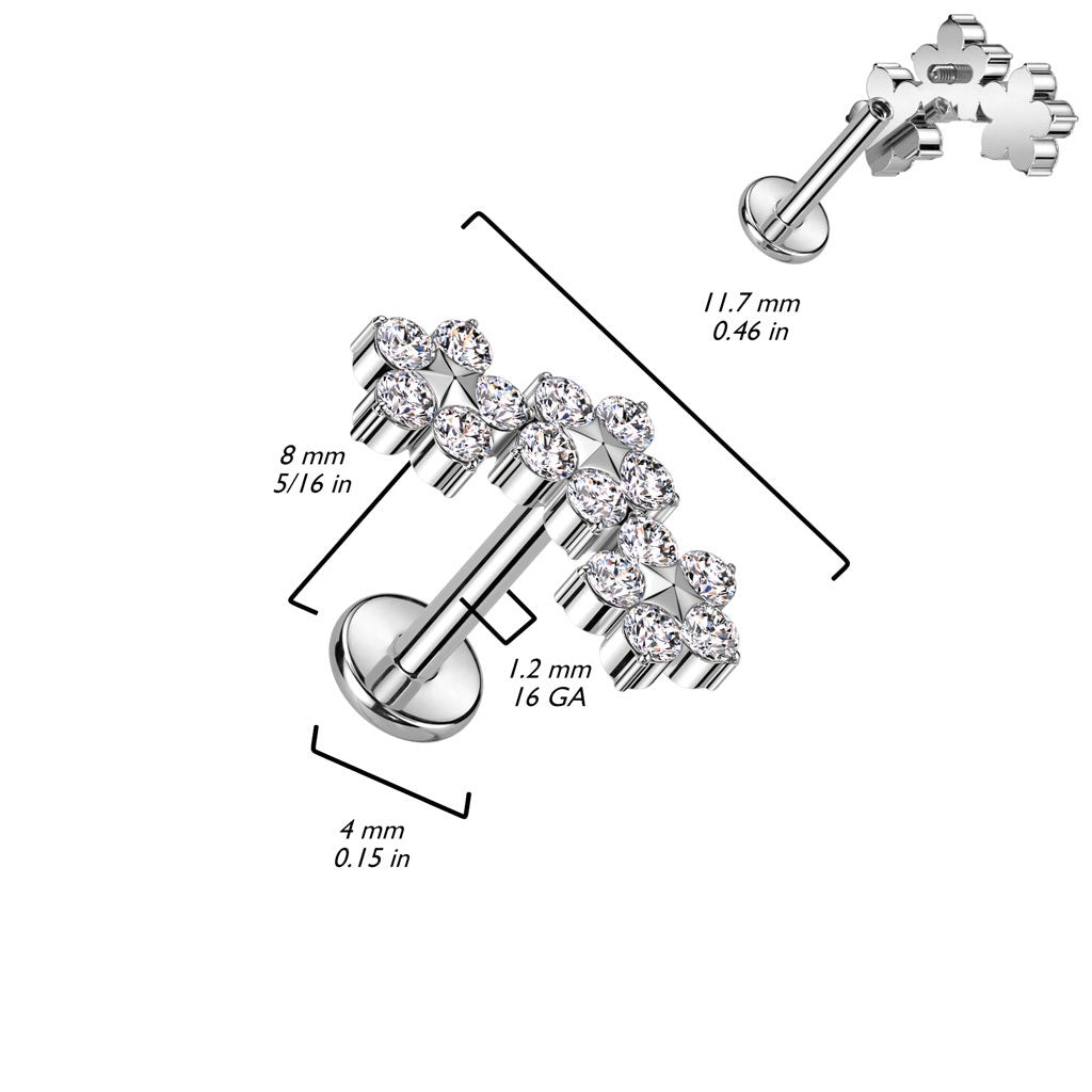 Internally Threaded Triple CZ Crystal Flower Top Flat Back Labret Stud - F136 Implant Grade Titanium