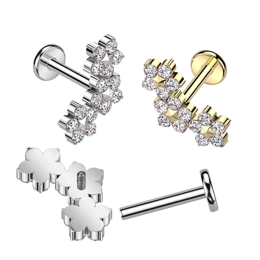 Internally Threaded Triple CZ Crystal Flower Top Flat Back Labret Stud - F136 Implant Grade Titanium