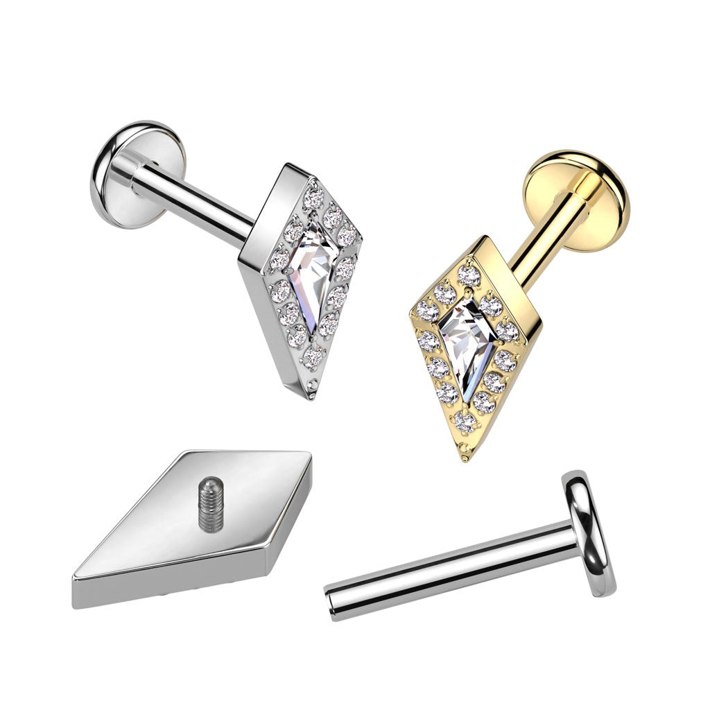 Internally Threaded CZ Crystal Diamond Shaped Top Flat Back Labret Stud - F136 Implant Grade Titanium