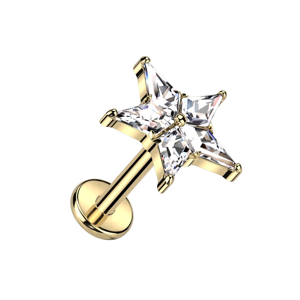 Internally Threaded CZ Crystal Star Top Labret Stud - F136 Implant Grade Titanium
