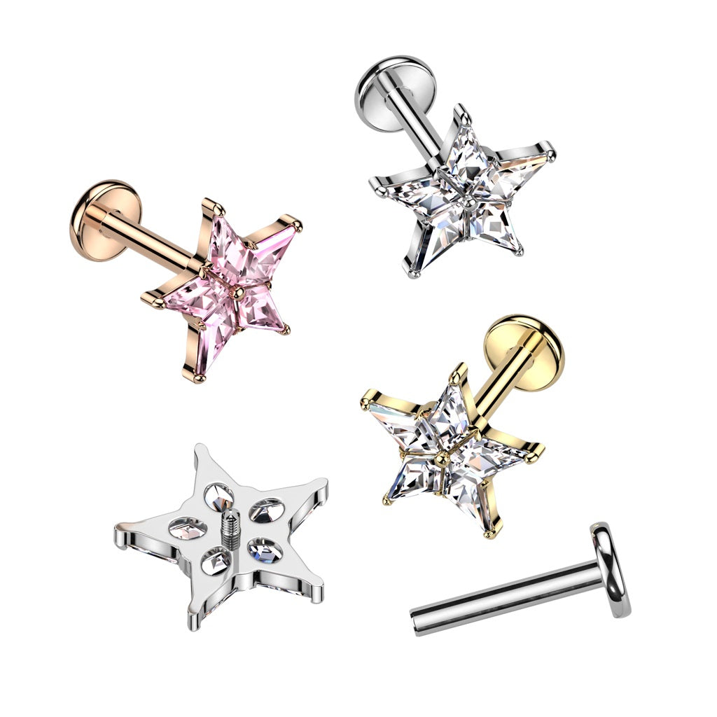 Internally Threaded CZ Crystal Star Top Labret Stud - F136 Implant Grade Titanium