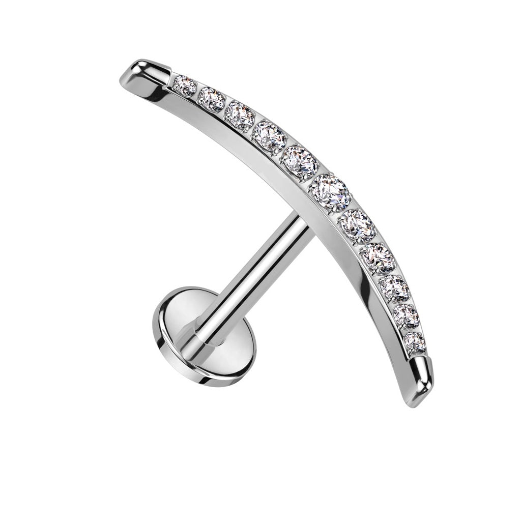 Internally Threaded CZ Crystal Paved Long Crescent Moon Flat Back Stud - ASTM F-136 Implant Grade Titanium