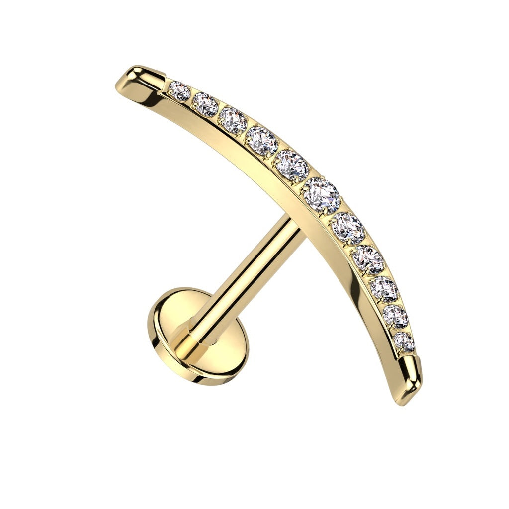 Internally Threaded CZ Crystal Paved Long Crescent Moon Flat Back Stud - ASTM F-136 Implant Grade Titanium