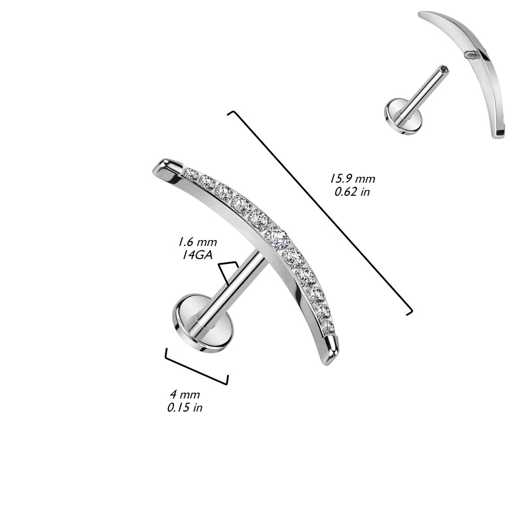 Internally Threaded CZ Crystal Paved Long Crescent Moon Flat Back Stud - ASTM F-136 Implant Grade Titanium