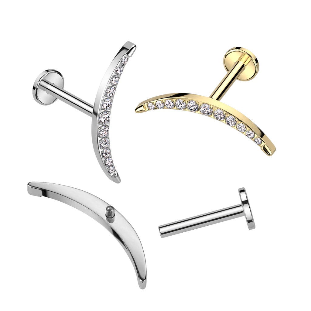 Internally Threaded CZ Crystal Paved Long Crescent Moon Flat Back Stud - ASTM F-136 Implant Grade Titanium