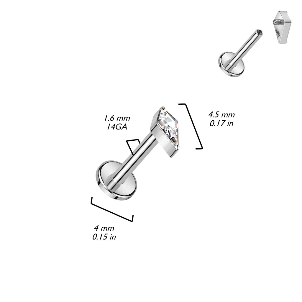 Internally Threaded Diamond Shaped CZ Crystal Flat Back Stud - ASTM F-136 Implant Grade Titanium