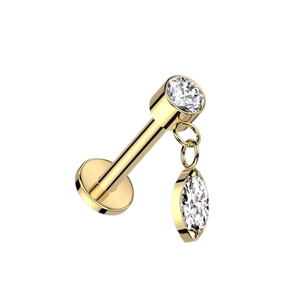 Internally Threaded Dangling CZ Crystal Marquise Flat Back Stud - ASTM F-136 Implant Grade Titanium