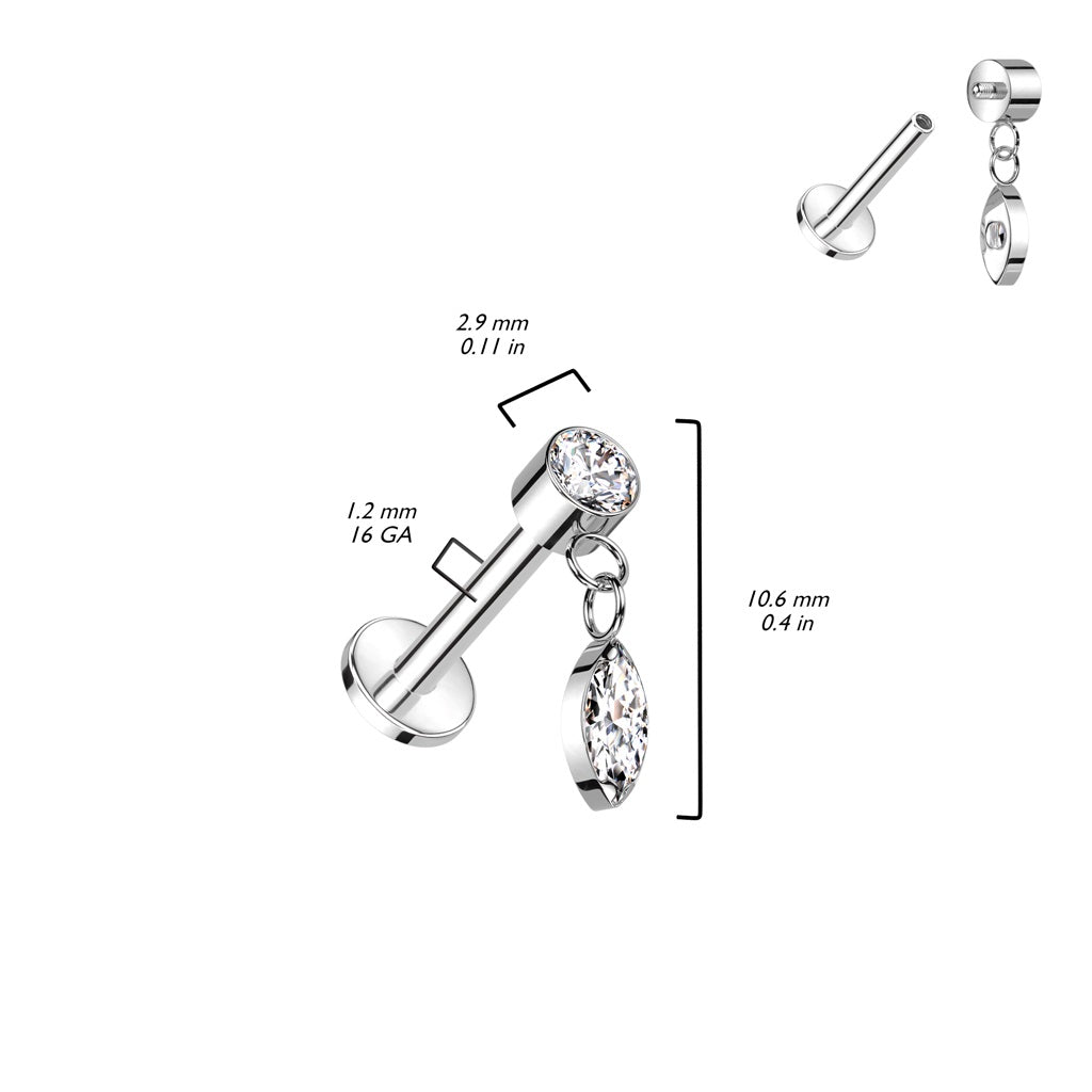 Internally Threaded Dangling CZ Crystal Marquise Flat Back Stud - ASTM F-136 Implant Grade Titanium