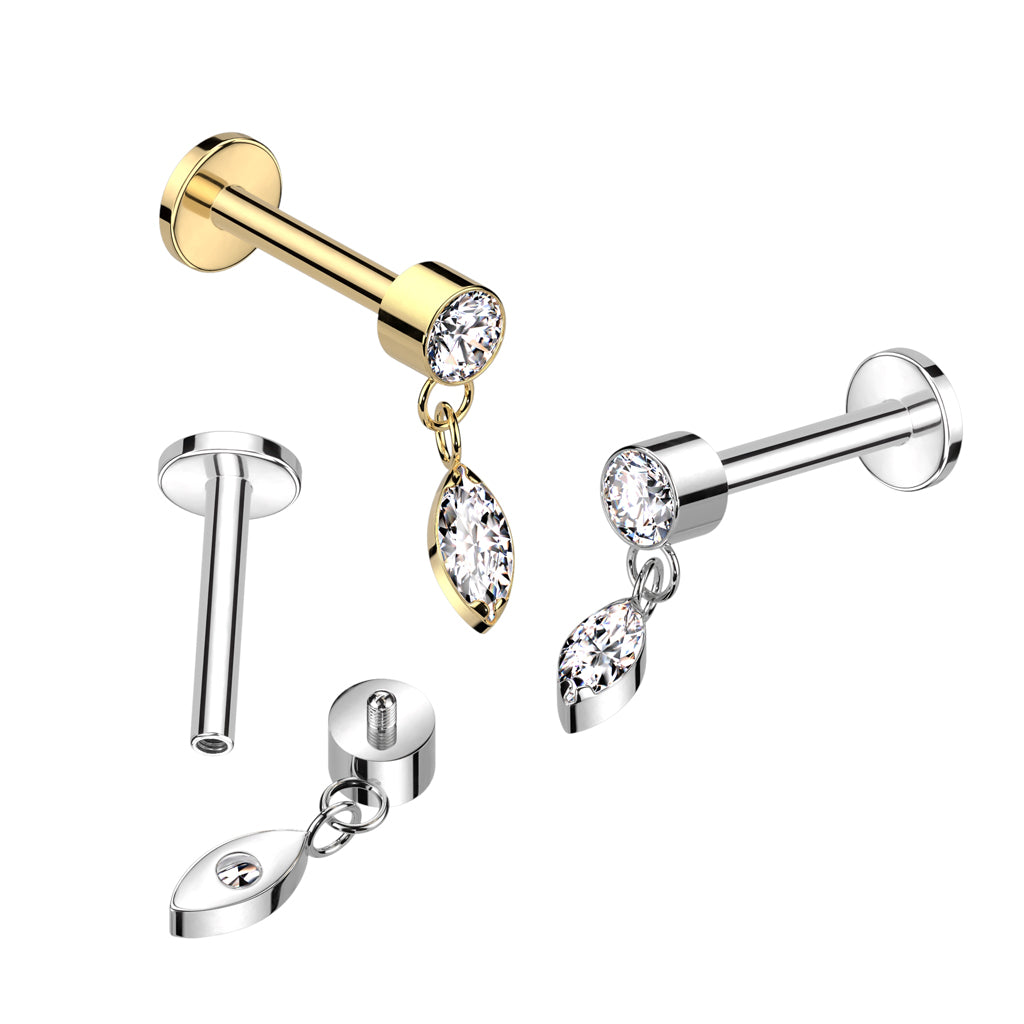 Internally Threaded Dangling CZ Crystal Marquise Flat Back Stud - ASTM F-136 Implant Grade Titanium