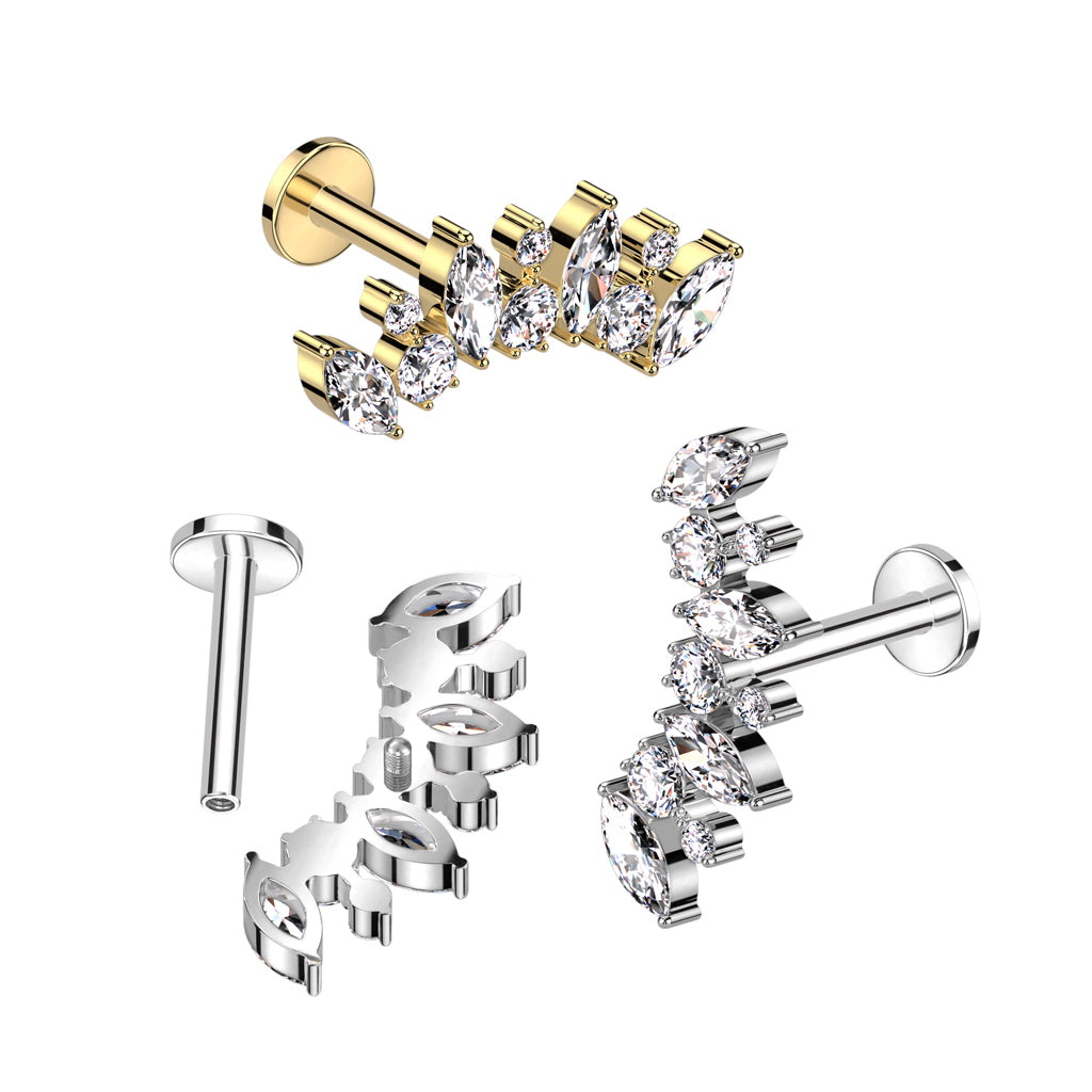 Internally Threaded Multi Marquise CZ Crystal Curved Flat Back Stud - ASTM F-136 Implant Grade Titanium