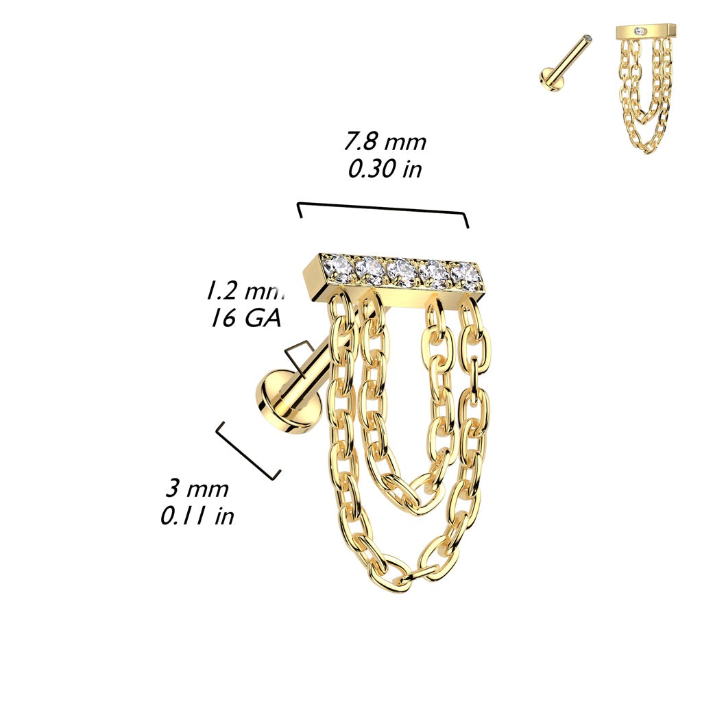 Internally Threaded CZ Crystal Lined Bar with Double Dangling Chains Flat Back Stud - ASTM F-136 Implant Grade Titanium