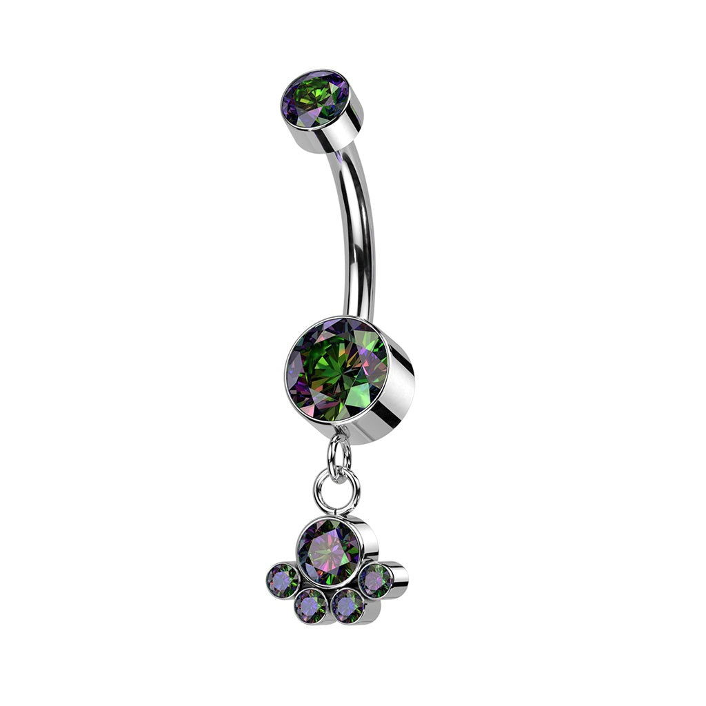 Internally Threaded Double CZ Crystal with Dangling Bezel Set Gem Cluster Belly Button Ring - F136 Implant Grade Titanium