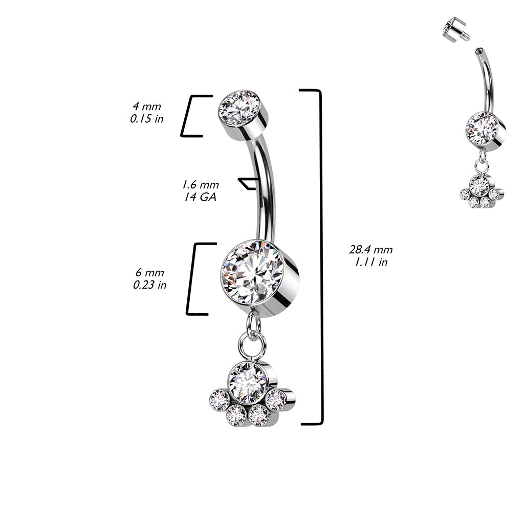 Internally Threaded Double CZ Crystal with Dangling Bezel Set Gem Cluster Belly Button Ring - F136 Implant Grade Titanium