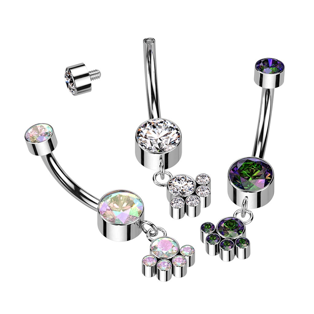 Internally Threaded Double CZ Crystal with Dangling Bezel Set Gem Cluster Belly Button Ring - F136 Implant Grade Titanium