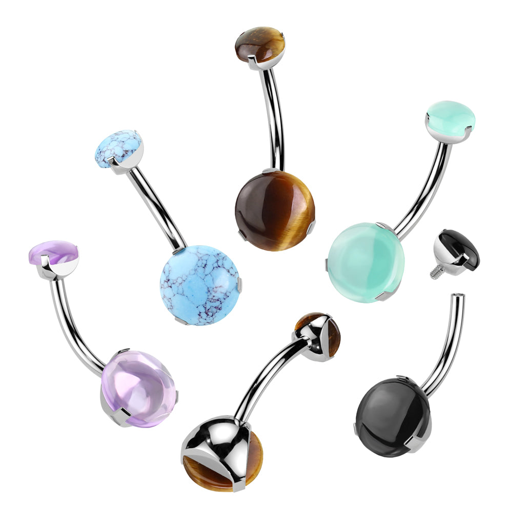 Internally Threaded Prong Set Natural Stone Belly Button Ring - ASTM F-136 Implant Grade Titanium