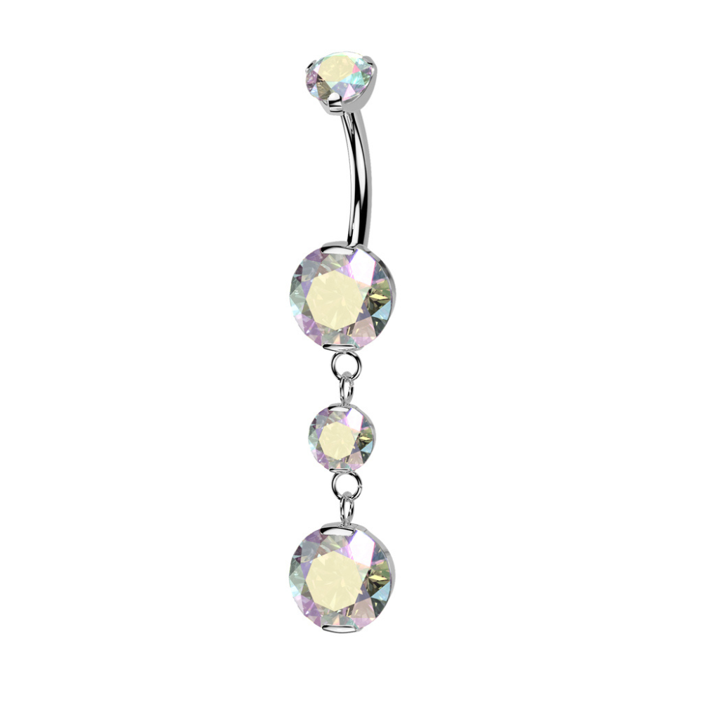 Internally Threaded Double Prong CZ Crystal with Two Round CZ Crystals Dangling Belly Button Ring - ASTM F-136 Implant Grade Titanium