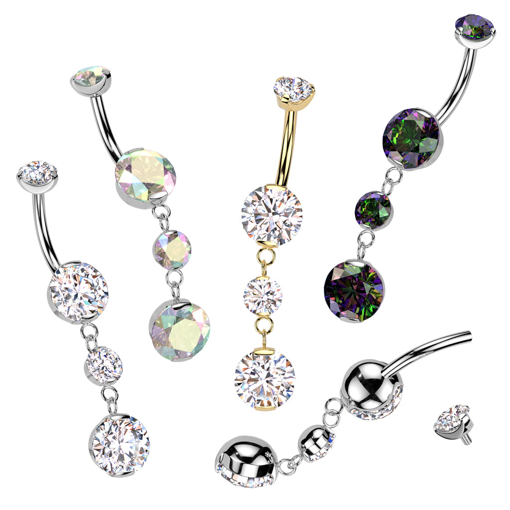 Internally Threaded Double Prong CZ Crystal with Two Round CZ Crystals Dangling Belly Button Ring - ASTM F-136 Implant Grade Titanium