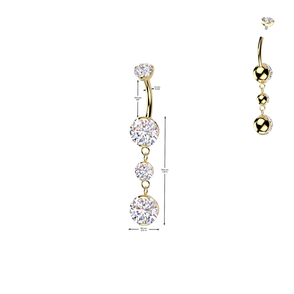 Internally Threaded Double Prong CZ Crystal with Two Round CZ Crystals Dangling Belly Button Ring - ASTM F-136 Implant Grade Titanium