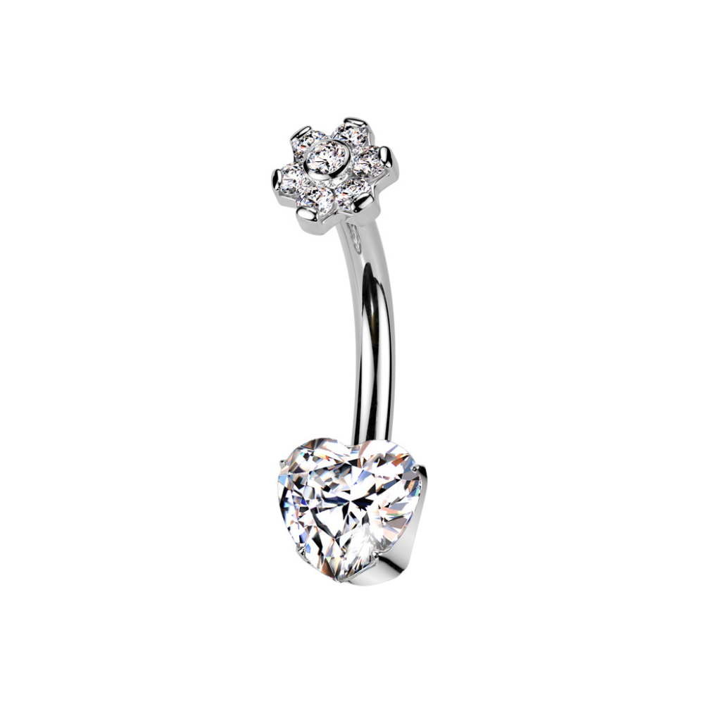 Internally Threaded CZ Crystal Flower Top and Heart Bottom Belly Button Ring - ASTM F-136 Implant Grade Titanium
