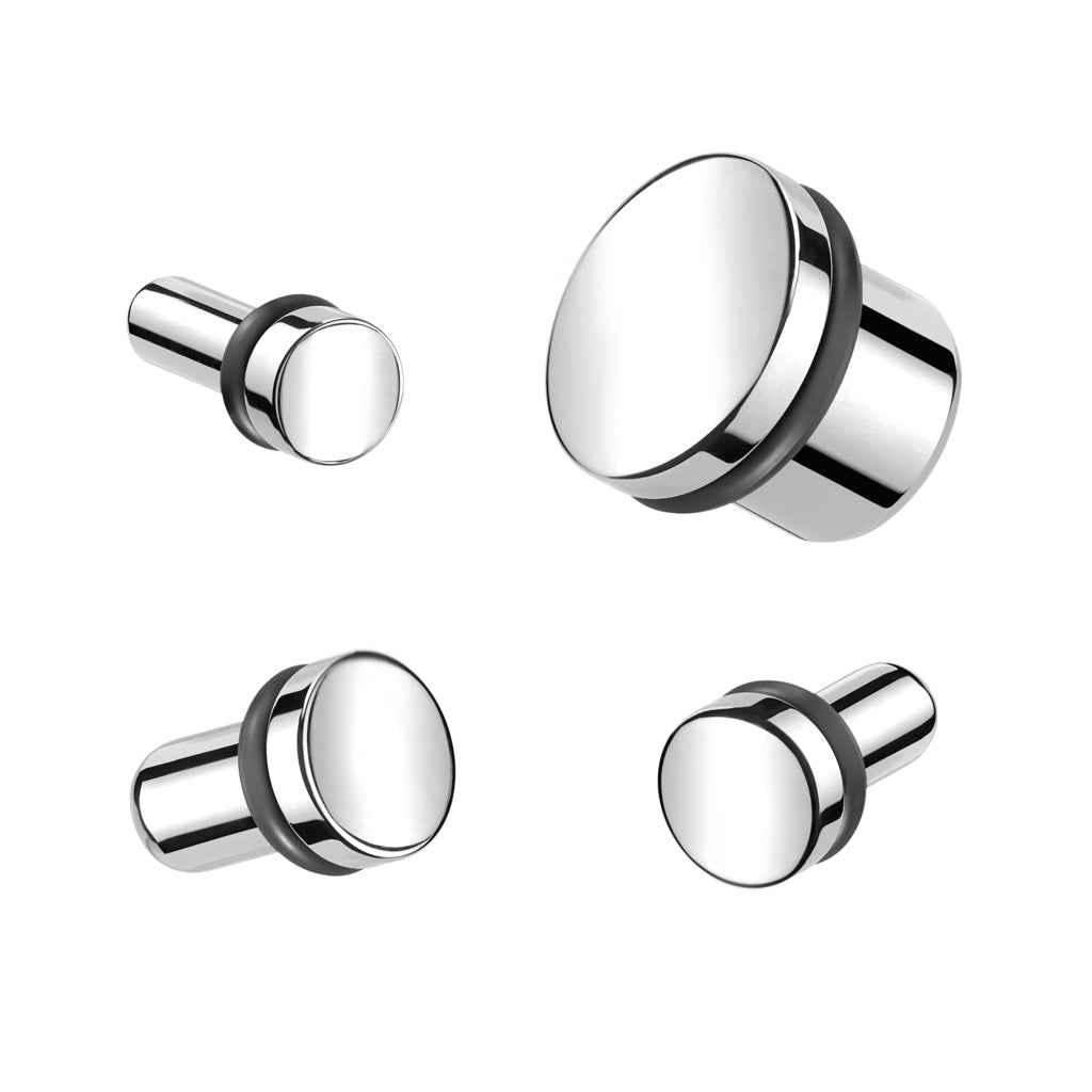 Mirror Polished Single Flare Plugs with Black O-Rings - Pair - F-136 Implant Grade Titanium