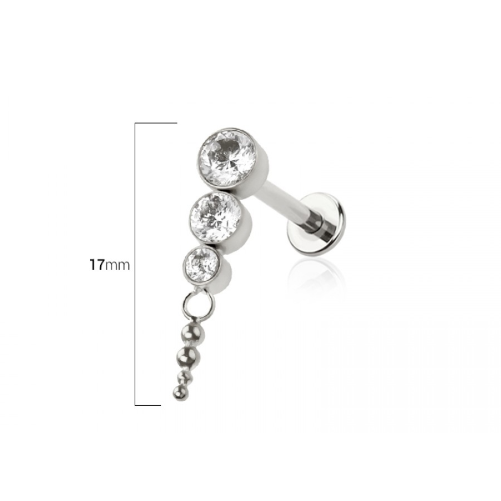 Threadless Push In Cascading Triple CZ Crystal Flat Back Stud - ASTM F-136 Implant Grade Titanium