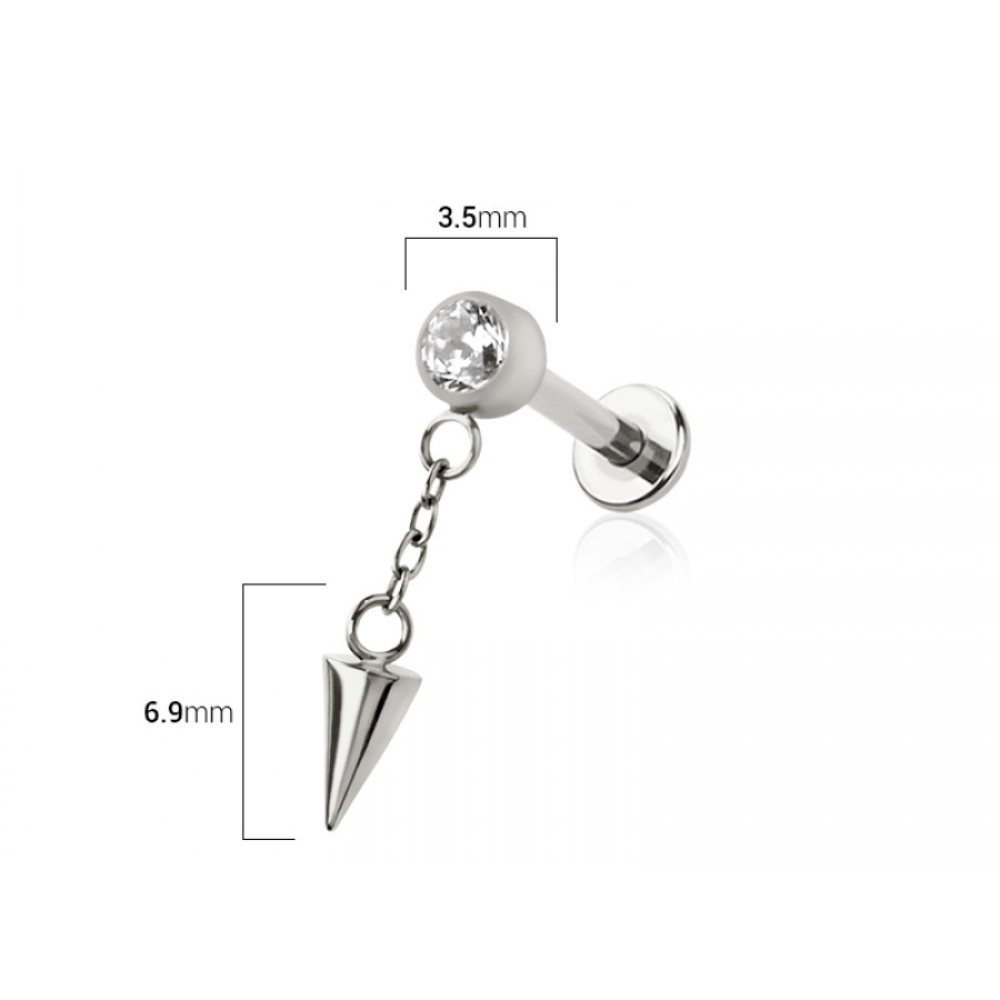 Threadless Push In CZ Crystal with Dangling Spike Flat Back Stud - ASTM F-136 Implant Grade Titanium