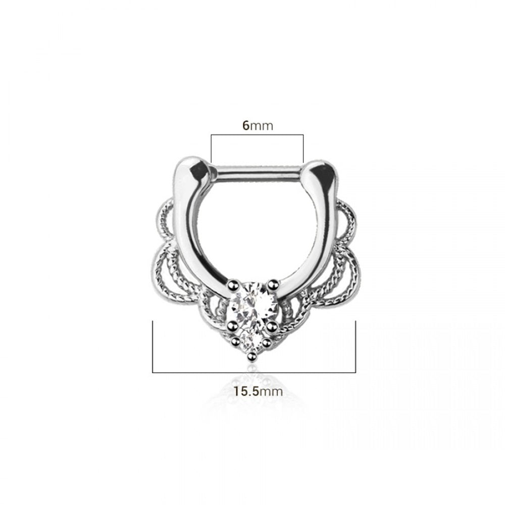 Lacey Edge with CZ Crystal Center Septum Clicker Ring - 316L Stainless Steel