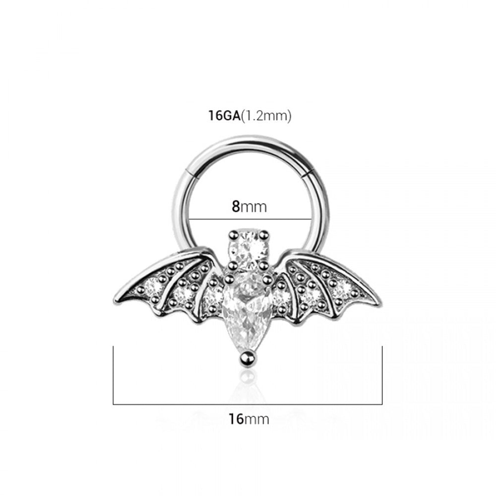 Crystal Bat Hinged Segment Clicker Ring - 316L Stainless Steel