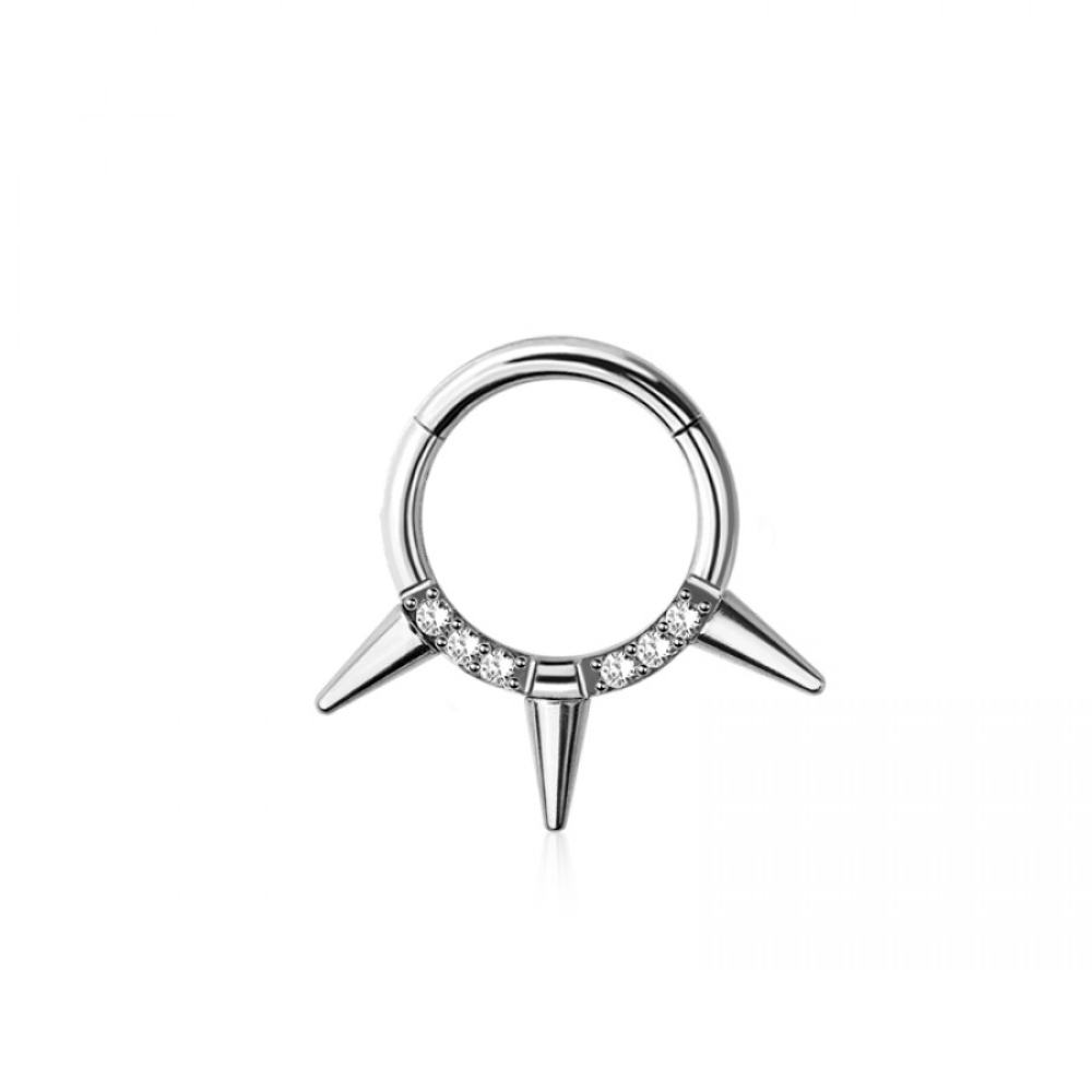 CZ Crystal and Spike Lined Hinged Segment Clicker Ring - 316L Stainless Steel