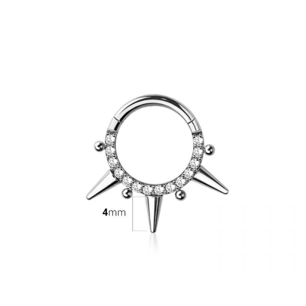 CZ Crystal Spike and Bead Lined Hinged Segment Clicker Ring - 316L Stainless Steel