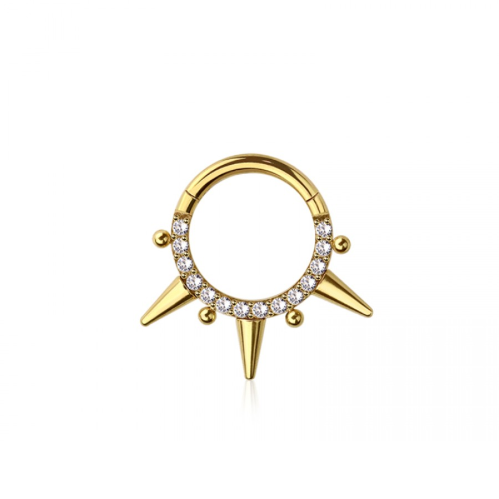 CZ Crystal Spike and Bead Lined Hinged Segment Clicker Ring - 316L Stainless Steel