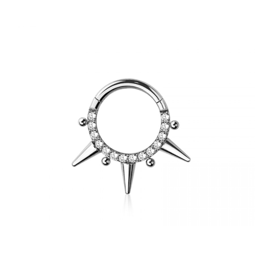 CZ Crystal Spike and Bead Lined Hinged Segment Clicker Ring - 316L Stainless Steel