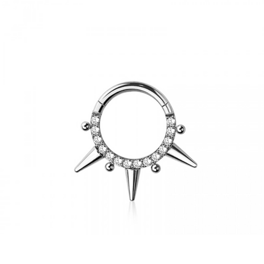 CZ Crystal Spike and Bead Lined Hinged Segment Clicker Ring - 316L Stainless Steel