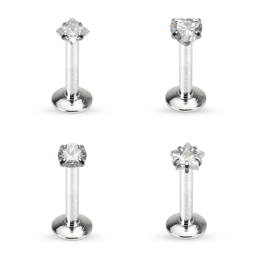 Set of 4 Prong Set CZ Crystal Top Internally Threaded Flat Back Labret Studs - Stainless Steel