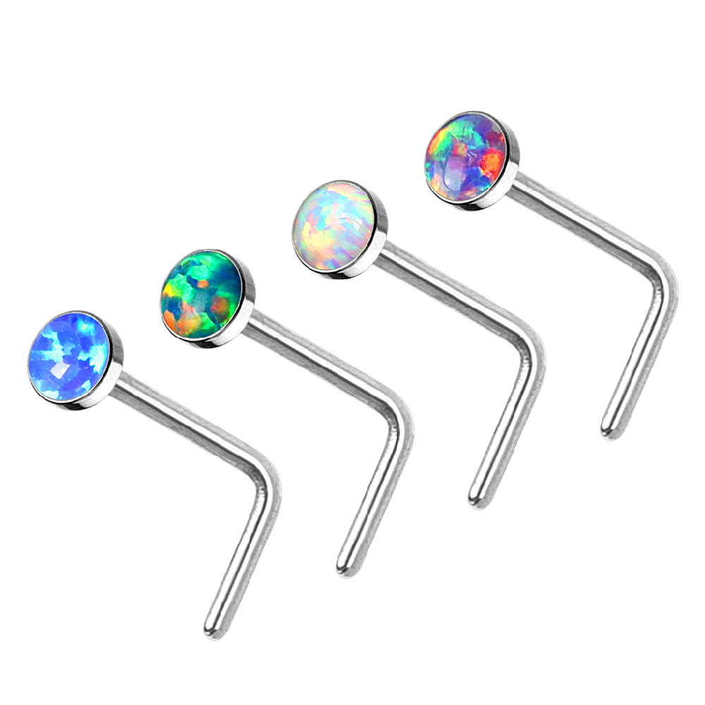 Set of Four (4) 20G Synthetic Opal L Bend Nose Stud Rings - Stainless Steel