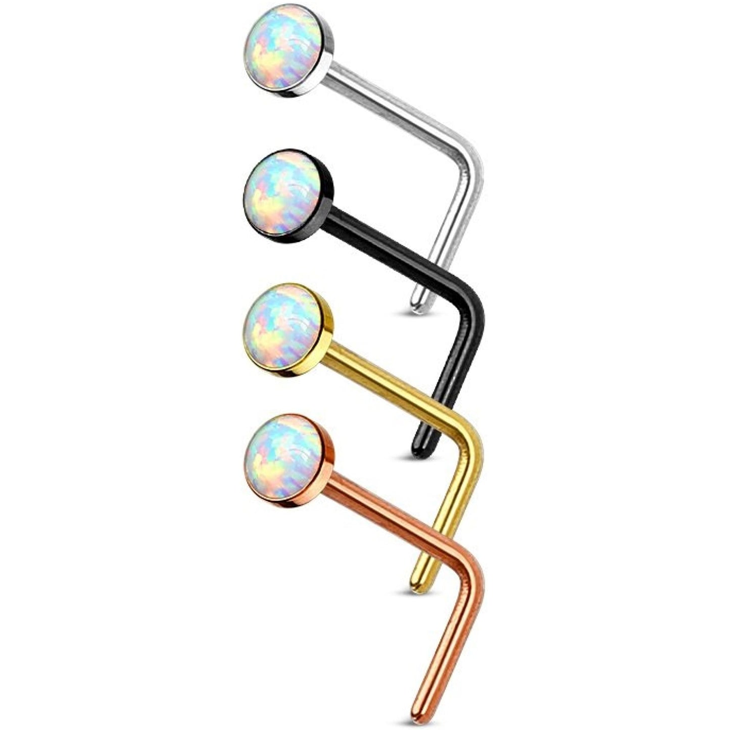 Set of 4 White Opal Bezel-Set L-Bend Nose Studs - Stainless Steel