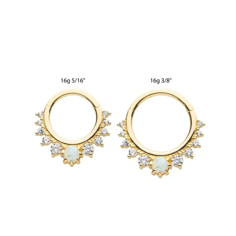 White Opal Gem Cluster Front Facing Hinged Segment Clicker - 14kt Gold