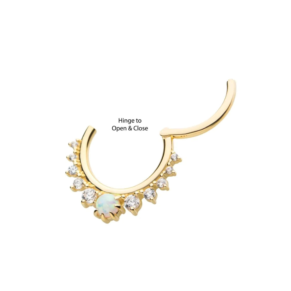White Opal Gem Cluster Front Facing Hinged Segment Clicker - 14kt Gold