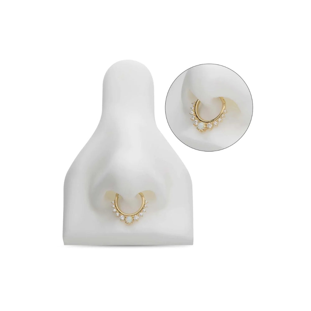 White Opal Gem Cluster Front Facing Hinged Segment Clicker - 14kt Gold