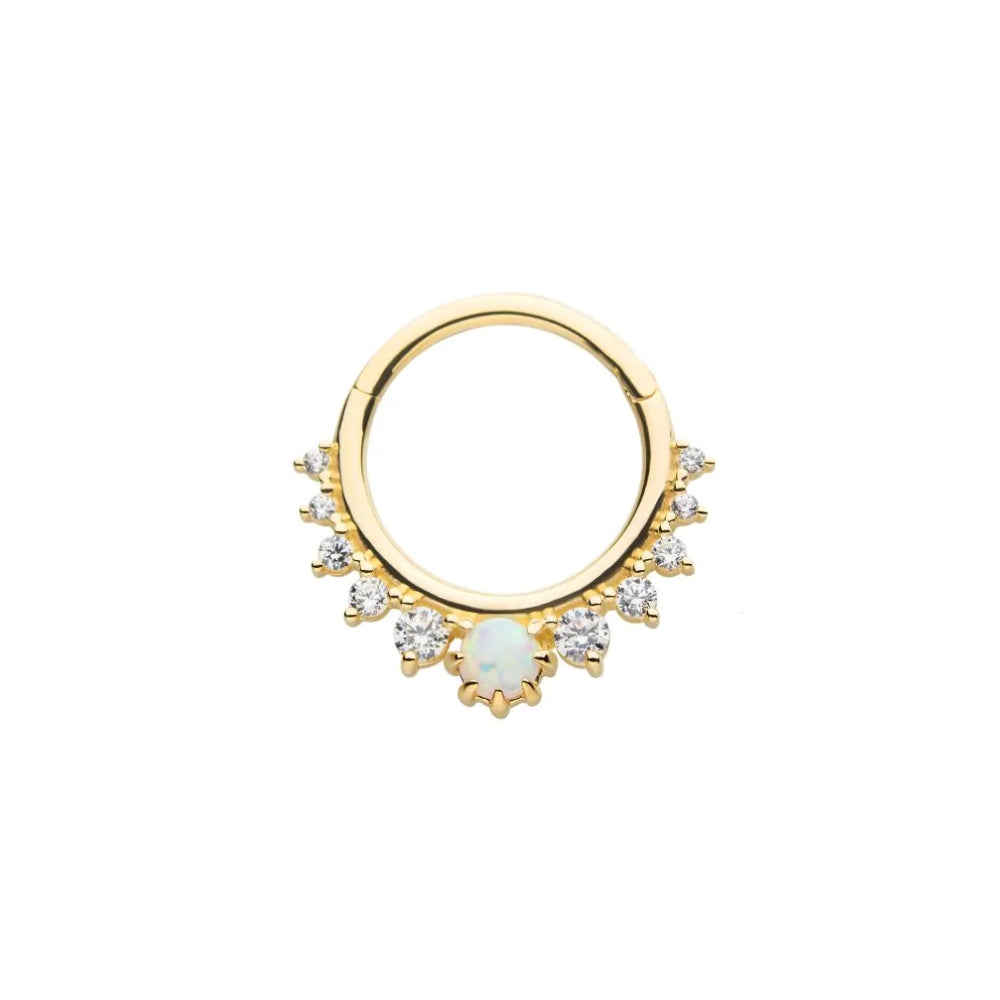 White Opal Gem Cluster Front Facing Hinged Segment Clicker - 14kt Gold