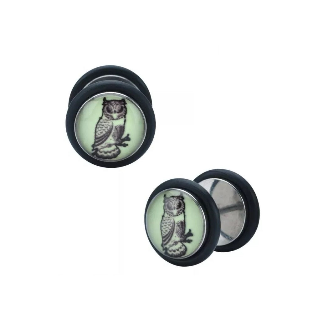 Glow In The Dark Owl Cheater Plugs - Stainless Steel