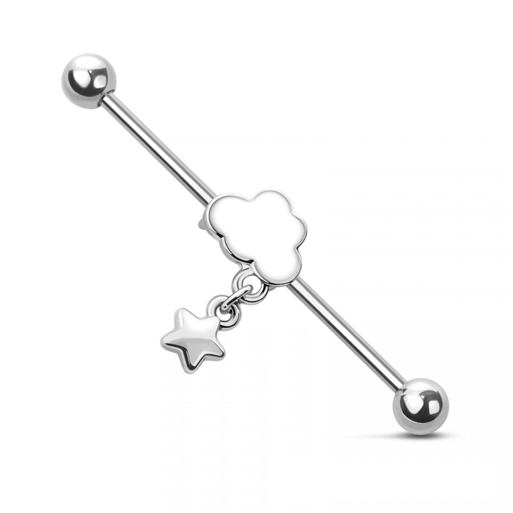 Cloud with Dangling Star Industrial Barbell - 316L Stainless Steel