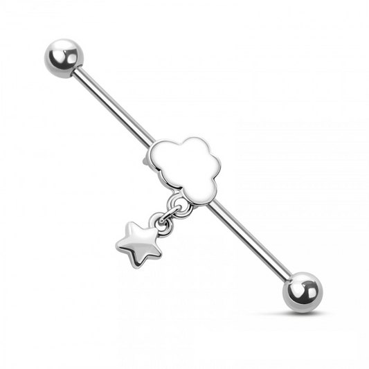 Cloud with Dangling Star Industrial Barbell - 316L Stainless Steel