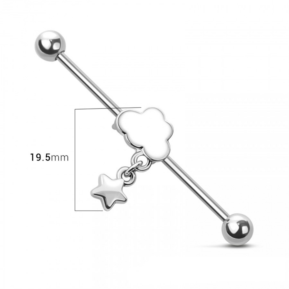 Cloud with Dangling Star Industrial Barbell - 316L Stainless Steel