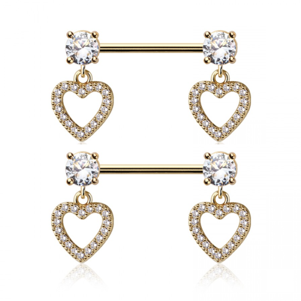 Prong Set CZ Crystal with Dangling Heart Nipple Barbells - Pair - 316L Stainless Steel