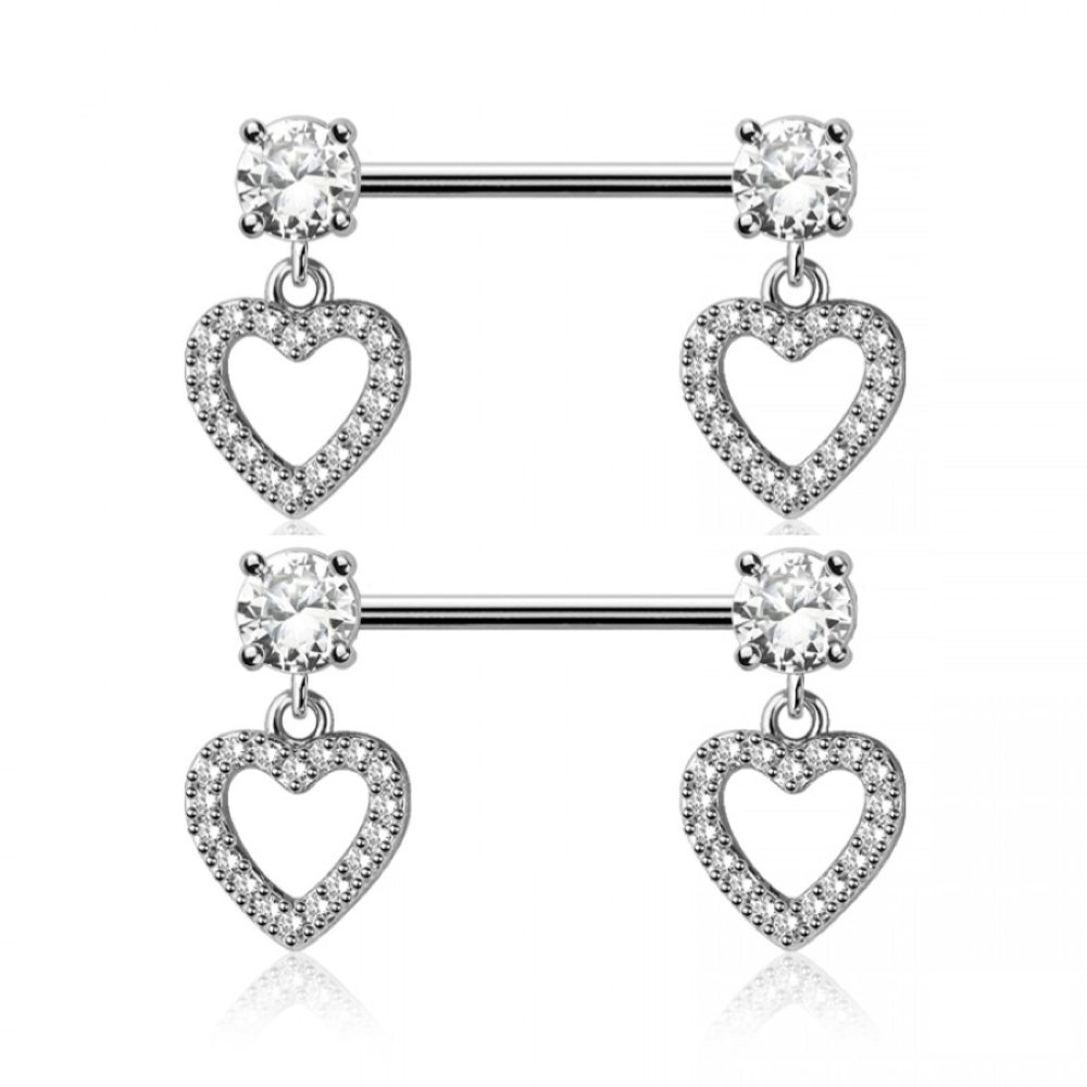 Prong Set CZ Crystal with Dangling Heart Nipple Barbells - Pair - 316L Stainless Steel