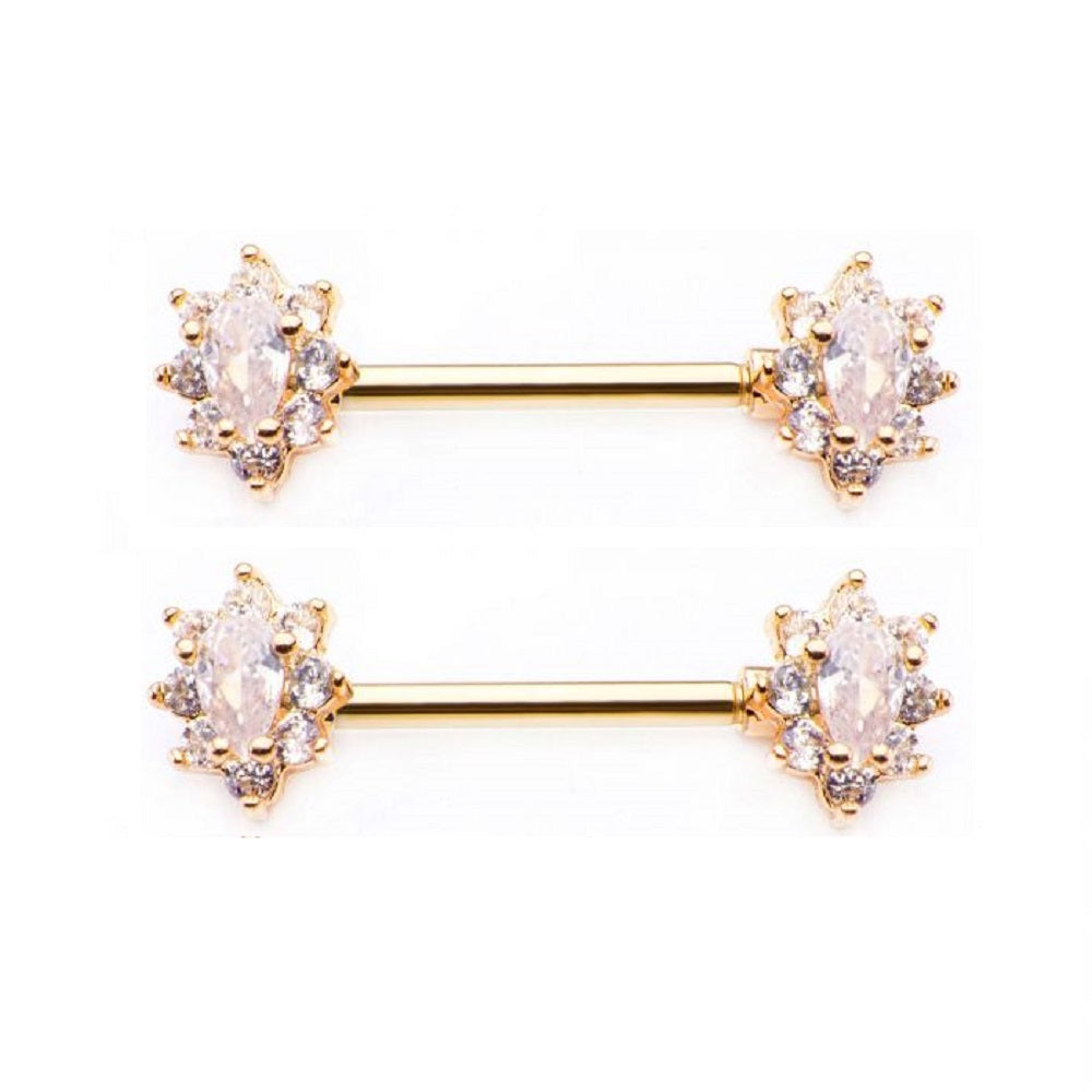 CZ Crystal Oval Flower Cluster Nipple Barbells - Stainless Steel - Pair