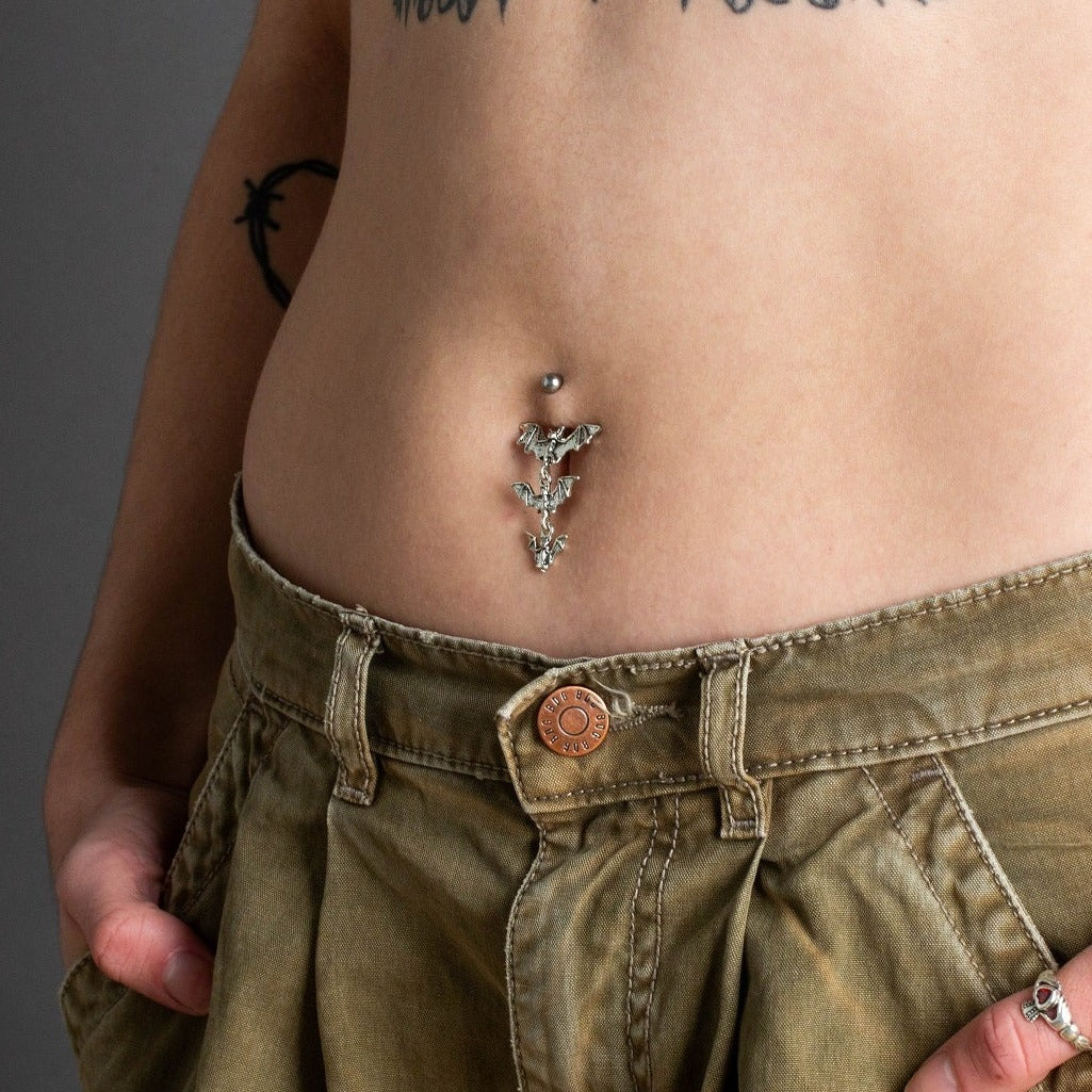 Gothic Triple Vampire Bat Dangling Belly Button Ring - Stainless Steel