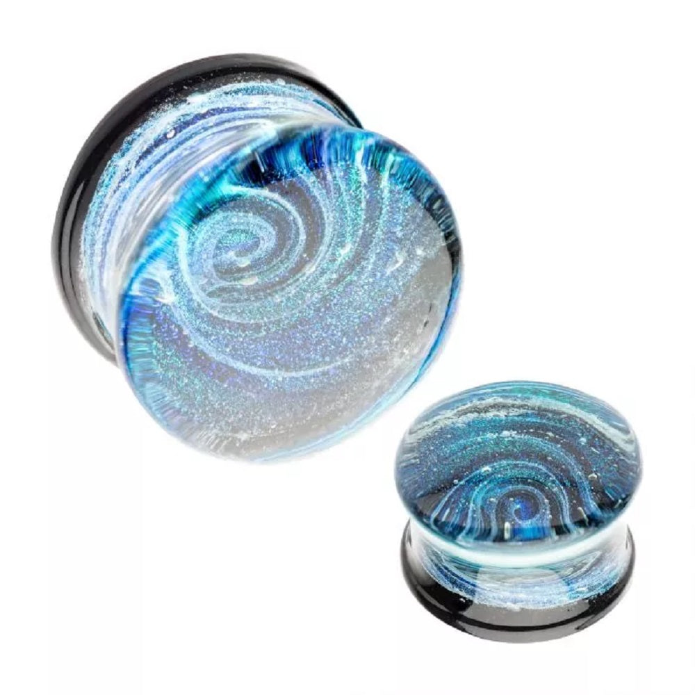 Blue Galaxy Sparkle Swirl Design Glass Double Flared Plugs - Pair