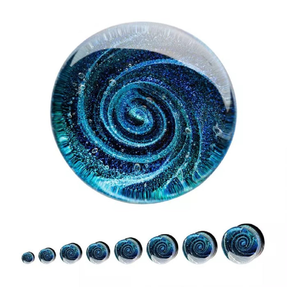Blue Galaxy Sparkle Swirl Design Glass Double Flared Plugs - Pair